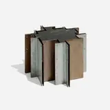 Esko Pajamies, Occasional table from Rautaruukki Headquarters, Helsinki, c. 1970, galvanized steel, steel, leather