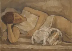 Emil Rudolf Weiss, Liegende Renée Sintenis mit ihrem Hund Oscar, 1930, Öl auf Leinwand