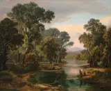 Deutsch, um 1800, Landschaft mit Badenden, Öl auf Leinwand. Doubliert