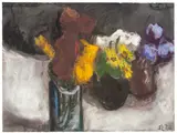 Klaus Fußmann, Goldlack, Gemswurz, Narzissen, Primeln, 1990, Pastell und Tuschpinsel auf grauem Bütten