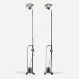 Toio floor lamps, pair by Achille & Pier Giacomo Castiglioni, enameled steel and iron, aluminum, glass, sold Feb 2024
