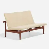 Japan settee by Finn Juhl, 1953, teak, upholstery, brass, sold Feb 2024
