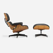 670 lounge chair and 671 ottoman by Charles and Ray Eames, rosewood, leather upholstery, enameled and brushed aluminum, sold Feb 2024