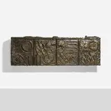 Sculpted Bronze wall-hanging cabinet, model PE-40 by Paul Evans, 1969, bronzed resin over wood, slate, sold Jan 2024