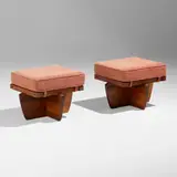 Greenrock ottomans, pair by George Nakashima, 1979, American black walnut, upholstery, sold Jan 2024