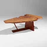 Exceptional Minguren II coffee table by George Nakashima, 1988, madrone burl, cherry, sold Jan 2024