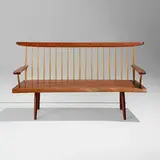 Bench with Back and Arms by George Nakashima, 1983, American black walnut, hickory, sold Jan 2024