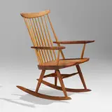 New Rocker with Arms by George Nakashima, 1988, American black walnut, hickory, sold Jan 2024
