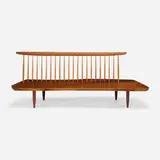 Exceptional Conoid bench by George Nakashima, 1968, American black walnut, hickory, rosewood, sold Jan 2024