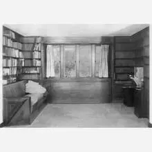 Wharton Esherick, Library alcove from the Curtis and Nellie Lee Bok House, Gulph Mills, PA, 1935, walnut, padouk, hand-carved satinwood, upholstery