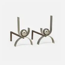attribution Donald Deskey, Andirons, pair, c. 1935, chrome-plated brass, steel