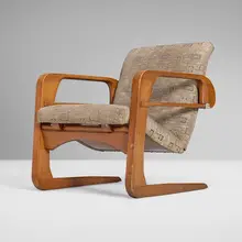 Kem Weber, Airline lounge chair, c. 1935, maple, birch, upholstery, leather, brass, steel