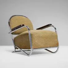 Kem Weber, Lounge chair, c. 1937, chrome-plated steel, stained beech, upholstery