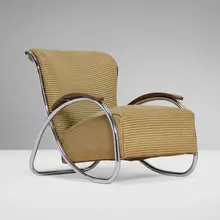 Kem Weber, Lounge chair, model LC-52-A, c. 1934, chrome-plated steel, beech, upholstery