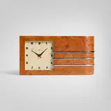 Gilbert Rohde, World's Fair table clock, model 4082, c. 1933, Maidou burl, chrome-plated steel, enameled aluminum, glass