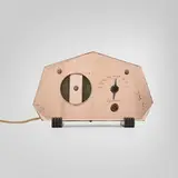 Walter Dorwin Teague, Seven-Sided Peach radio, model 409GL, c. 1938, Peach Tufflex mirrored glass, lacquered wood, fabric, plastic