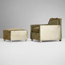 Gilbert Rohde, Chair and ottoman, c. 1931, upholstery, silvered vinyl upholstery, chrome-plated steel, mahogany