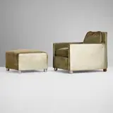Gilbert Rohde, Chair and ottoman, c. 1931, upholstery, silvered vinyl upholstery, chrome-plated steel, mahogany