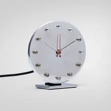 Gilbert Rohde, Table clock, model 4708, c. 1933, nickel-plated metal, steel, enameled metal, aluminum