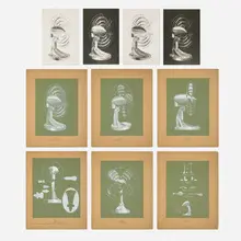 Art Déco, Collection of table fan renderings and photographic prints, c. 1940, gouache and ink on paper in artist's mats; platinum print
