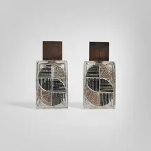 Art Déco, Perfume bottles, pair, c. 1940, enameled glass, wood, silver-plated metal