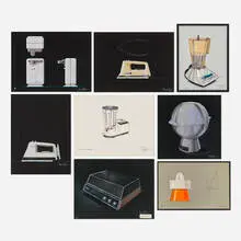 Monte Levin, Collection of eight industrial design renderings, 1970-87, colored pencil and gouache collage on paper; gouache and ink on illustration board; gouche and ink on vellum; gouache and ink on tissue paper mounted to board