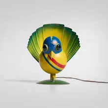 Woofie Bird lamp by Walter von Nessen, 1929, painted and air-brushed brass, glass, sold Nov 2025
