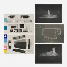 Vincent Raney, Collection of five architectural renderings of Kuhio Theatre, Honolulu, c. 1945-47, electrostatic copy, gouache on electrostatic copy