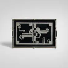 Handled tray by Art Déco, c. 1925, reverse-painted glass, chrome-plated steel, painted wood, sold Nov 2025