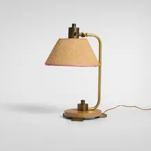 Modern, Table lamp, c. 1960, brass, oak, burlap shade