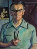 Curt Querner, Selbstbildnis mit Holbeins „Familienbild, 1975, Aquarell auf leichtem Fabriano-Karton