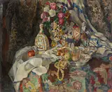 Georg Oskarowitsch Schlicht, Stillleben mit Porzellanfiguren, Blumenvase und Obstschale, Um 1920, Öl auf Leinwand