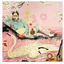 Relic IV by Hung Liu, 2004, Oil on canvas with painted wood insert, sold Nov 2018