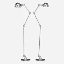 Adjustable floor lamps, pair by Jean-Louis Domecq, c. 1955, chrome-plated steel, cast aluminum, sold Jan 2024