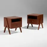 Nighstands from the M.L.A. Flats building, Chandigarh, pair by Pierre Jeanneret, c. 1955-56, teak, sold Jan 2024