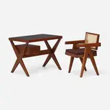 Desk and office chair from Chandigarh by Pierre Jeanneret, c. 1958-60, teak, leather, cane, upholstery, sold Jan 2024