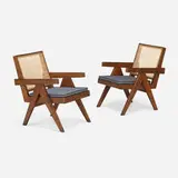 Easy armchairs from the Administrative Buildings, Chandigarh, pair by Pierre Jeanneret, c. 1955-56, teak, cane, upholstery, sold Jan 2024