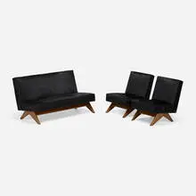 Pierre Jeanneret, Armless sofa and chairs from Punjab University, Chandigarh, pair, 1952-56, hide, teak