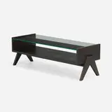 Coffee table from Chandigarh by Pierre Jeanneret, c. 1960, ebonized teak, glass, sold Jan 2024