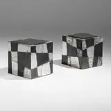 Argente cubes model PE 37, pair by Paul Evans, c. 1970, welded and patinated aluminum, slate, sold Jan 2024