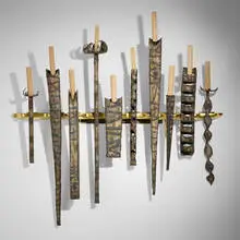 Unique monumental wall-mounted candelabra by Paul Evans and Phillip Lloyd Powell, c. 1965, torch-cut, welded and enameled steel, lacquered and 23k gilt wood, sold Jan 2024