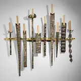 Paul Evans and Phillip Lloyd Powell, Unique monumental wall-mounted candelabra, c. 1965, torch-cut, welded and enameled steel, lacquered and 23k gilt wood