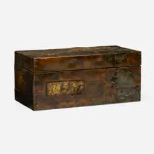 Rare Patchwork hinged box by Paul Evans, c. 1965, patinated copper, bronze, pewter, sold Jan 2024