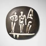 Trois personnages sur tremplin plaque by Pablo Picasso, 1956, glazed white earthenware clay, black patina, sold Jan 2024