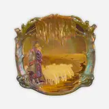 Zsolnay, Rare plaque with shepherd and sheep, c. 1902, eosin-glazed earthenware