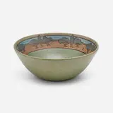 Bowl with landscape by Ida Goldstein for Saturday Evening Girls, 1912, glazed earthenware decorated in cuerda seca, sold Jan 2024