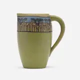 Pitcher with stylized flowers by Ida Goldstein for Saturday Evening Girls, 1912, glazed earthenware decorated in cuerda seca, sold Jan 2024