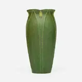 Vase with leaves and buds by Ruth Erickson for Grueby Faience Company, 1899-1910, glazed earthenware, sold Jan 2024