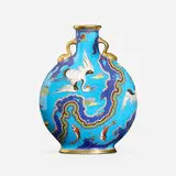 Flask-shaped vase with cranes and fish by Christopher Dresser, attribution, for Minton & Co., c. 1875, enamel-decorated and gilt porcelain, sold Jan 2024