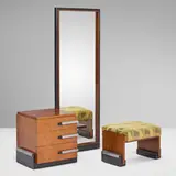 Donald Deskey, Vanity and stool, c. 1935, East Indian laurel, maple, lacquered wood, mirror, upholstery, nickel-plated brass